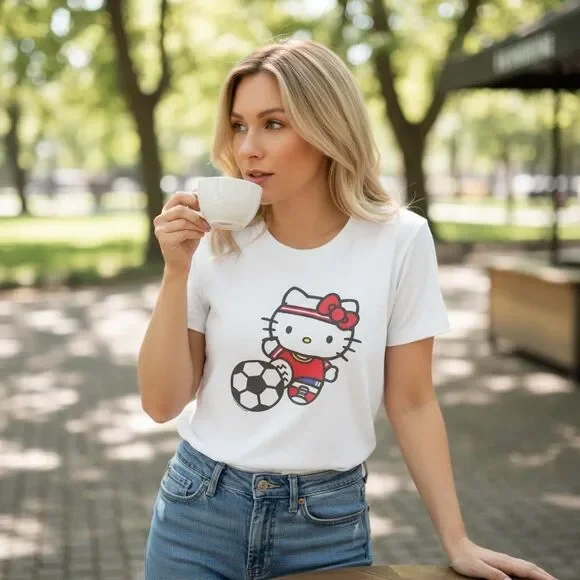 Hello Kitty Sanrio Soccer Graphic T-Shirt Unisex Adults Size L White - Picture 3 of 5